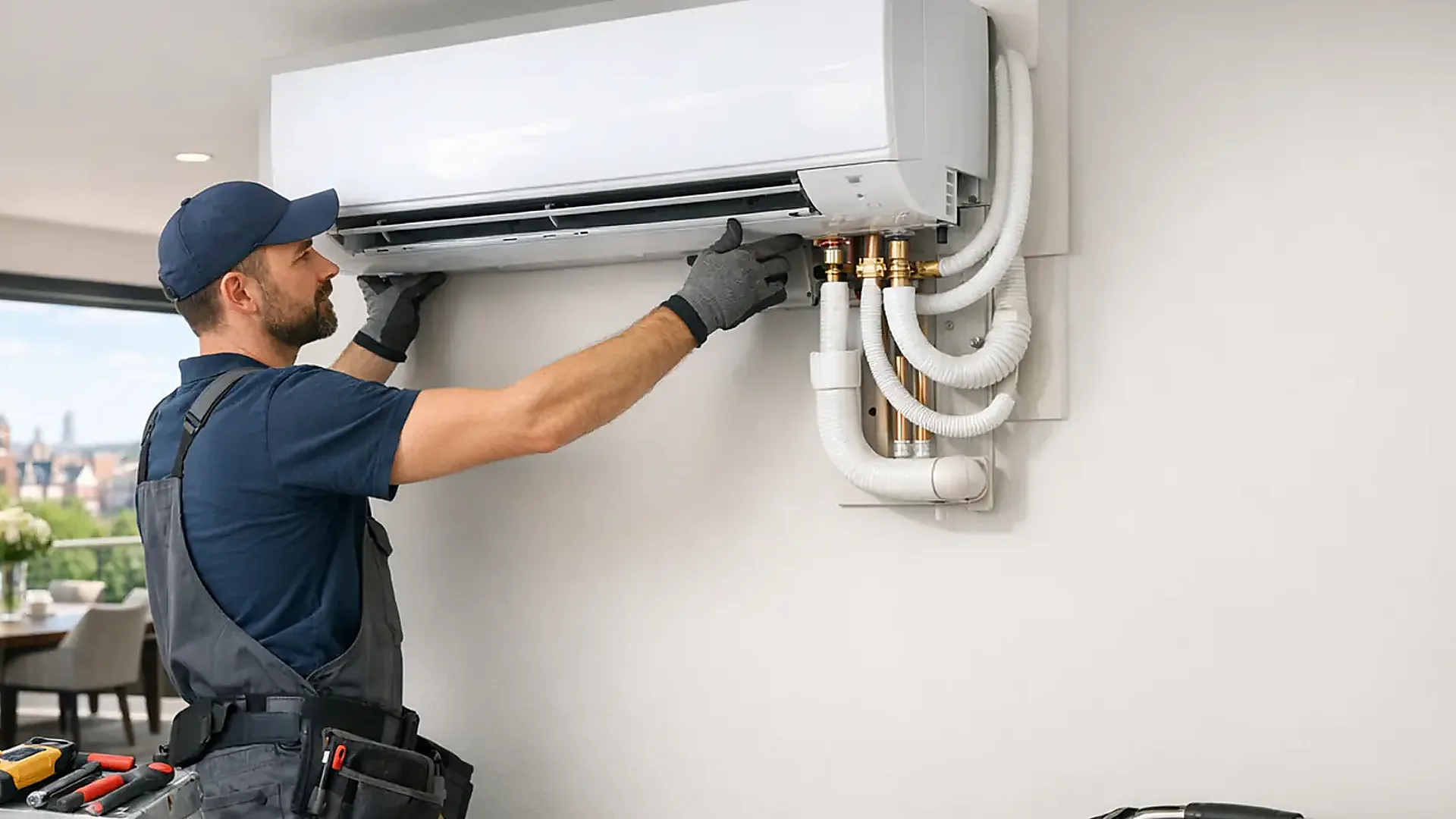 Engineer fitting a wall-mounted air conditioning unit in a modern home