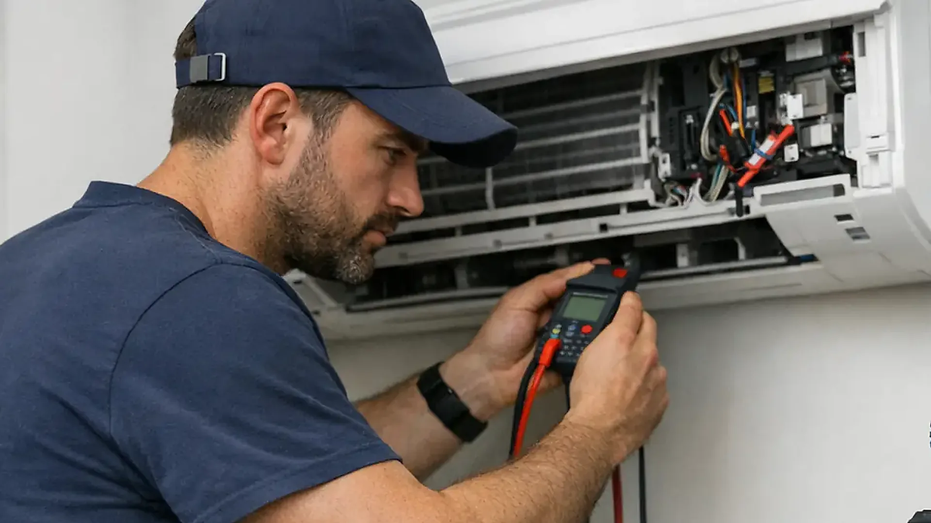 Engineer diagnosing a wall-mounted air conditioning fault with a handheld meter
