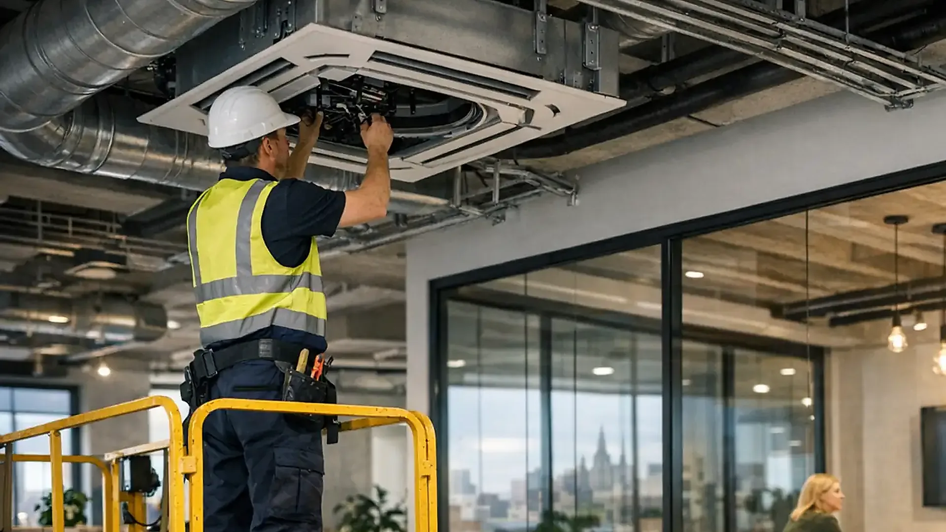 Engineer servicing a ceiling cassette air conditioning system in a commercial office