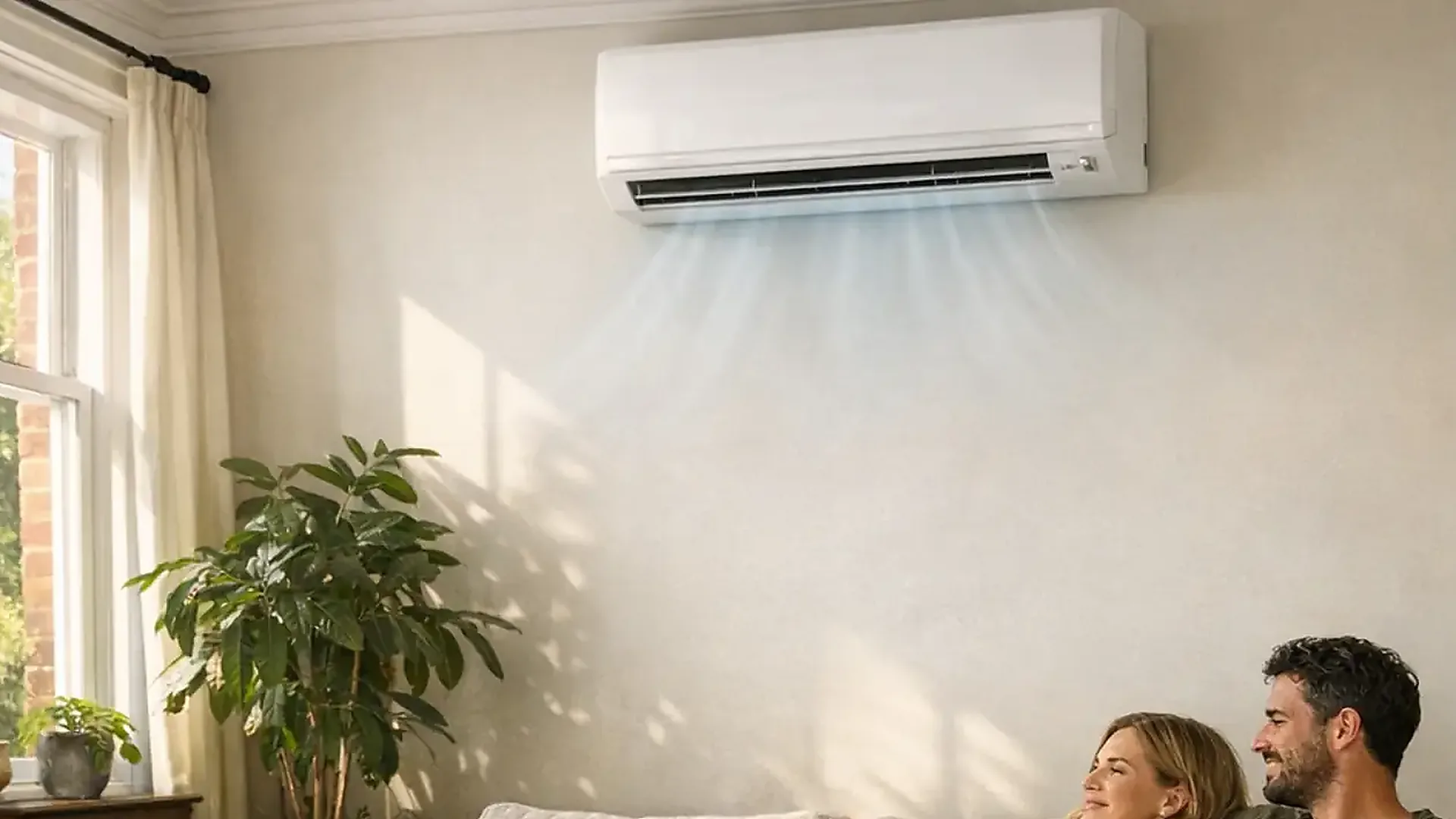 Wall-mounted air conditioning unit cooling a comfortable domestic living room
