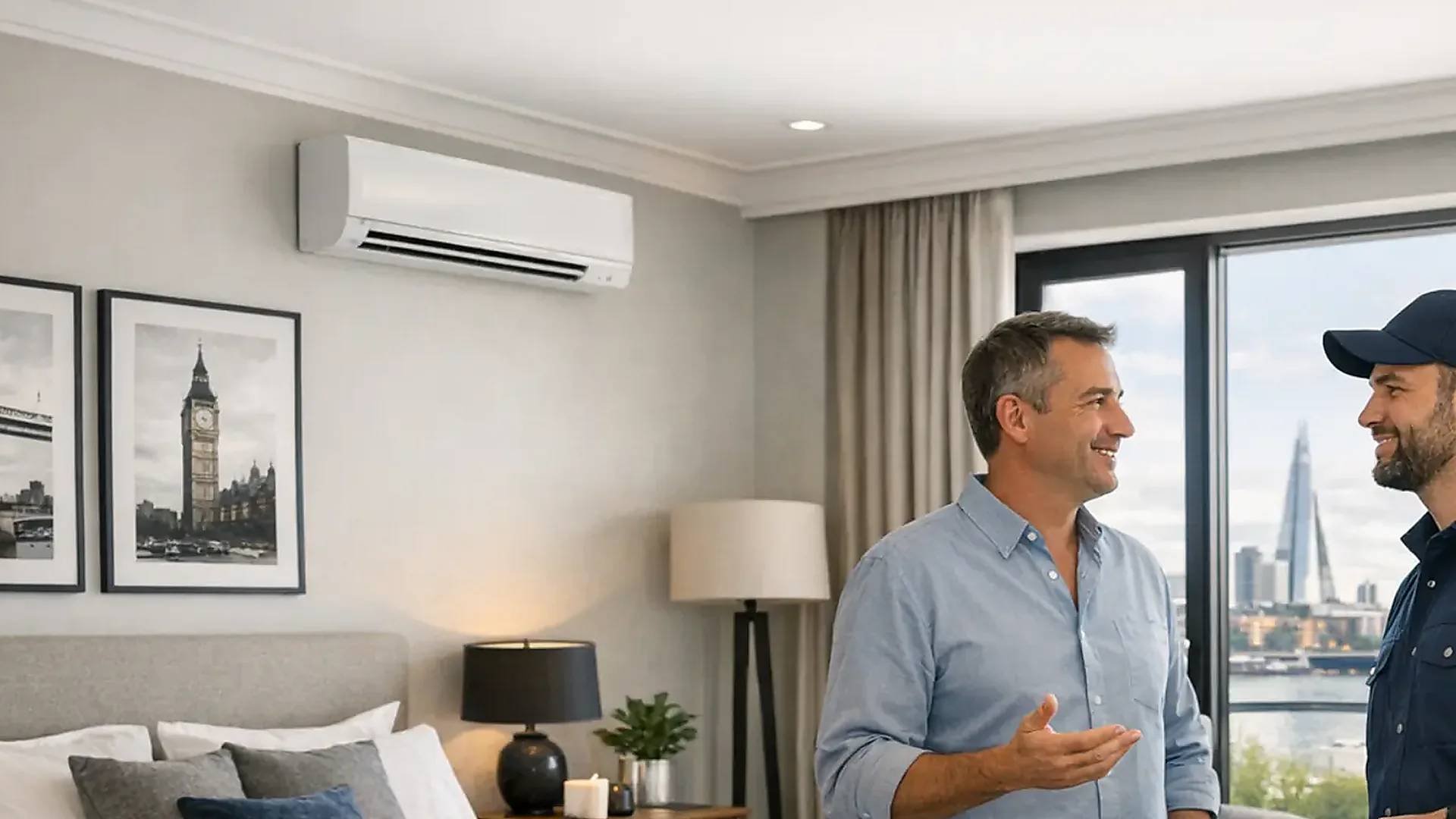 Engineer checking a wall-mounted air conditioning unit during routine servicing